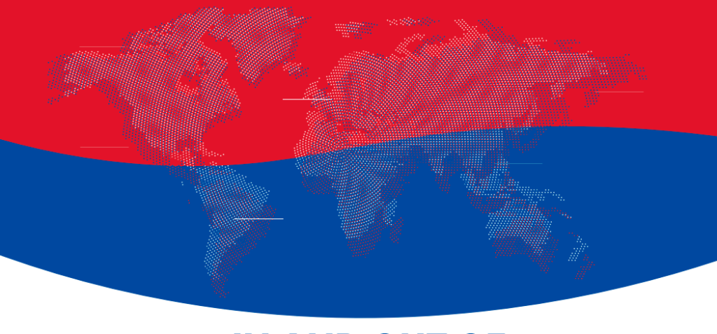 photo of map of the world overlayed with the colors of the Korean flag