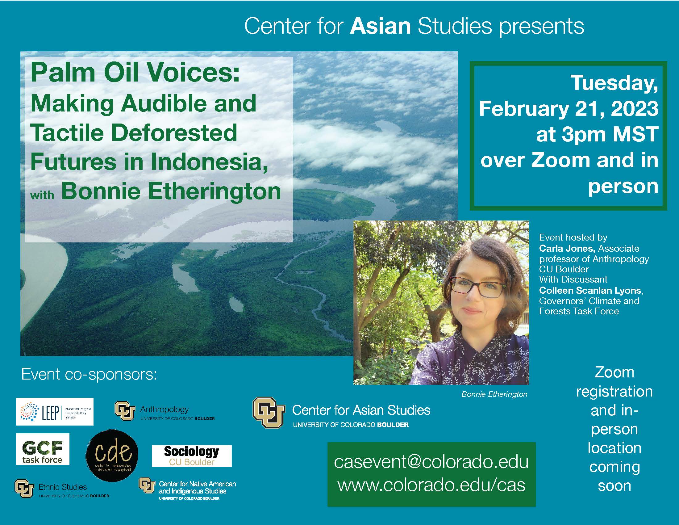 A flyer advertising the event Palm Oil Voices, co-sponsored with the Center for Asian Studies at University of Colorado Boulder