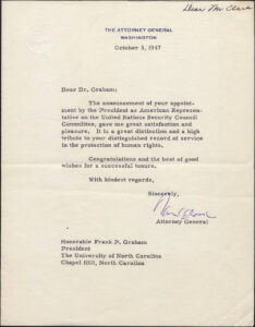 Letter from the US Attorney General congratulating Frank Porter Graham on his appointment