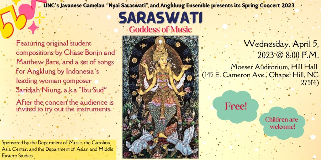 An image of Saraswati with geese at her feet, advertising the concert on April 5, 2023