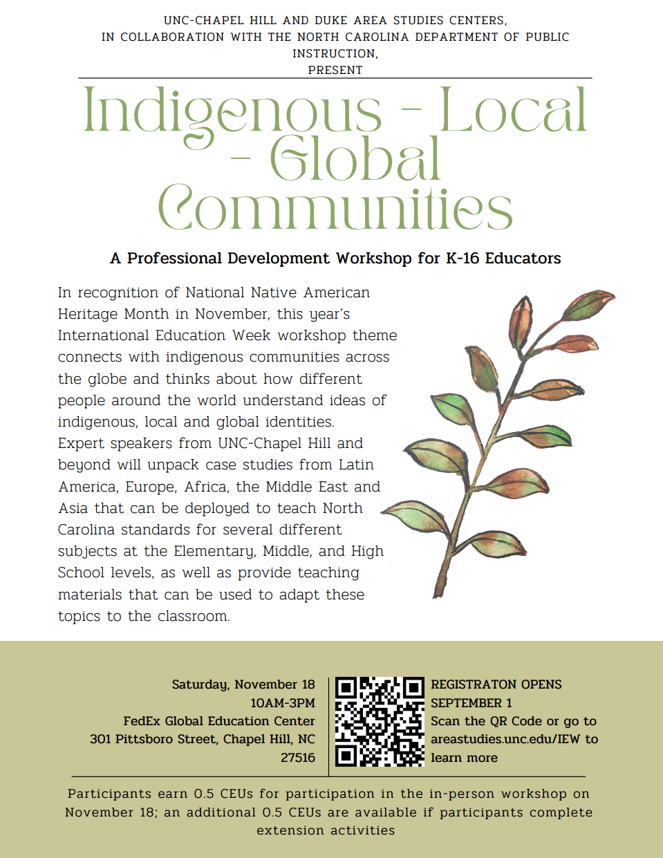Flyer for Indigenous - Local - Global Communities workshop on November 18, 2023